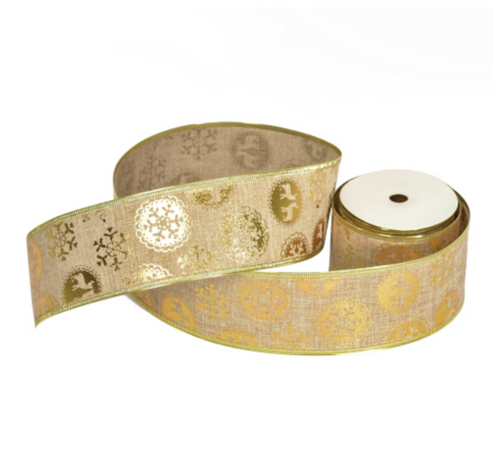 Wired Burlap Gold Fancy Reindeer/Snonwflake 63mm wide